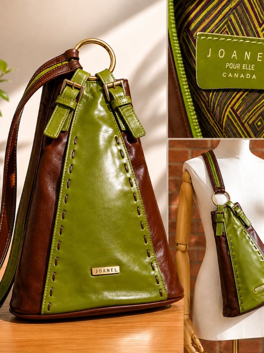 Joanel Pour Elle Green & Brown Leather Sling Bag